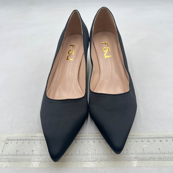 FSJ Black Bridal Pointed Toe Low Heel Crystal Pumps Slip on Wedding Comfort Shoe - Picture 3 of 8